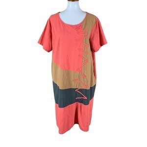 Anself 4XL Artsy Colorblock Patchwork Cotton Dress Coral Tan Black Short Sleeve
